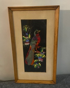 Vintage Framed Mexican Feather Art Wall Decor. Colorful Bird Folk Art
