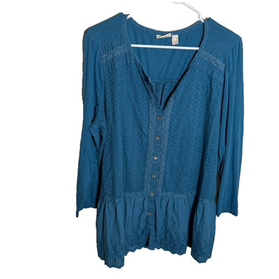 LOGO Lavish Blouse Women's Large Blue Button Up Lace 3/4 Sleeve Boho Cottage