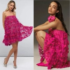 NEW Helsi Anthropologie Bianca Strapless 3D Floral Magenta Mini Dress Sz L