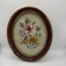 Vintage Framed Oval Needlepoint Florals Roses Cottagecore Distressed Frame