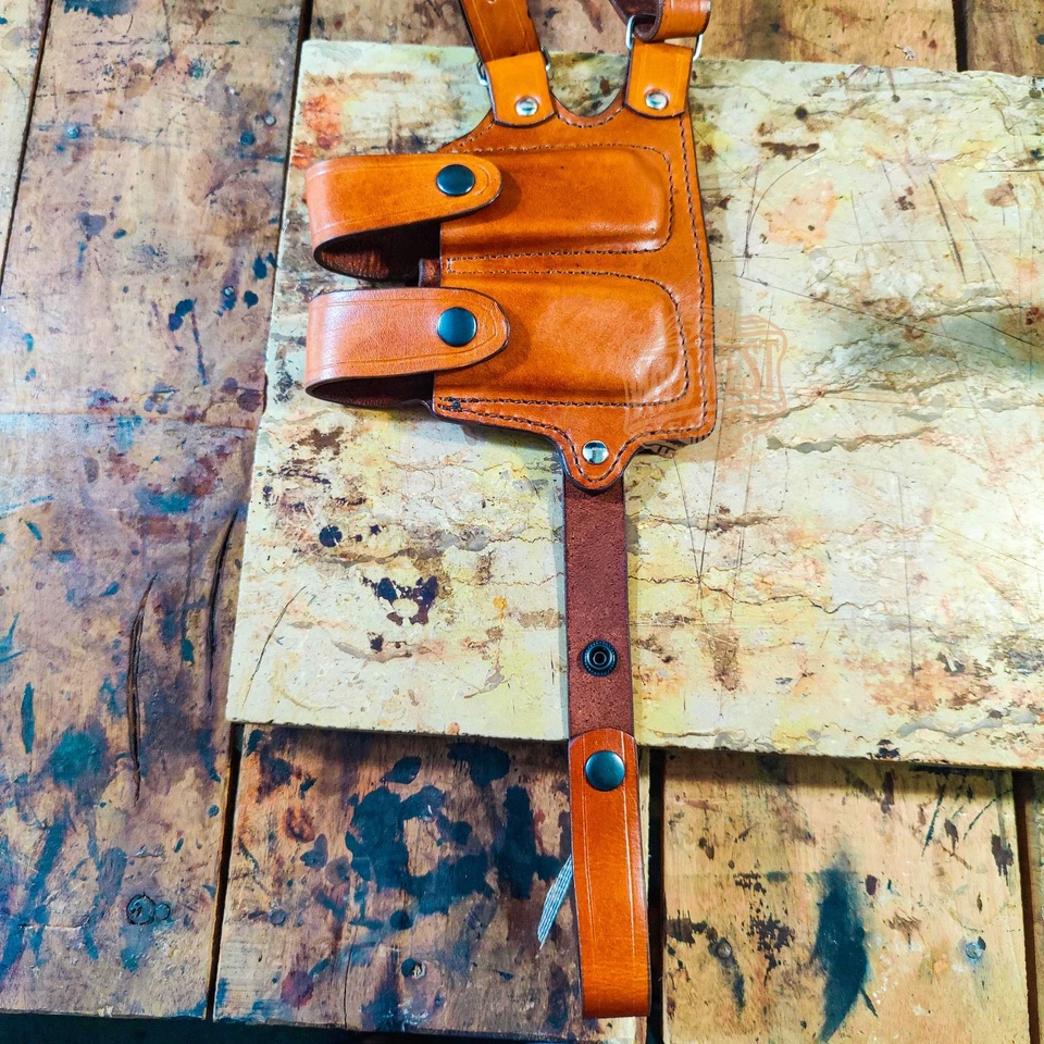1911 Leather Horizontal Shoulder Holster with Dual Mag Pouch and Tie Down Straps - Image 3 of 3