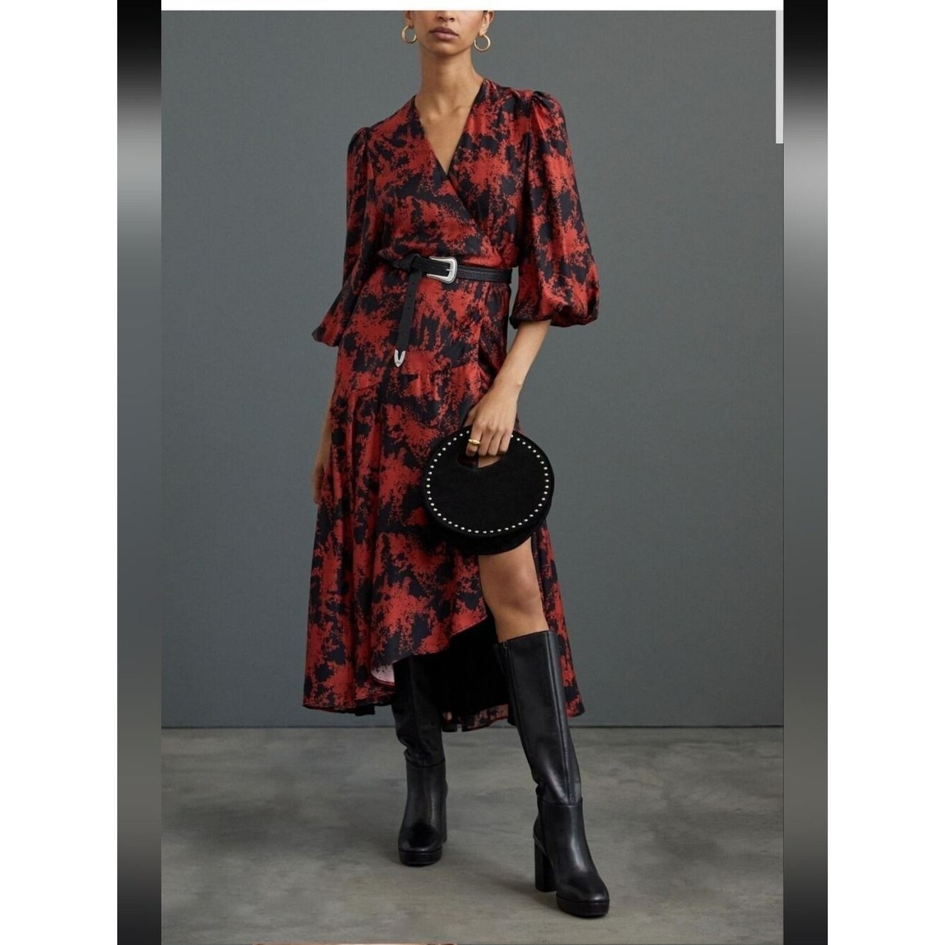 Caballero Silk Blend Red and Black Floral Wrap Midi Dress