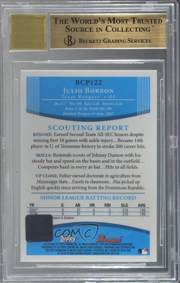 2008 Bowman Chrome Prospects Prospect Julio Borbon BGS 9.5 Rookie Auto RC - Image 2 of 2