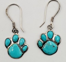 Sterling Silver 925 Turquoise Cat Dog Paw Print Dangle Earrings Kitty Puppy Paw