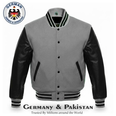 Gray Varsity Letterman Wool Body Genuine Leather Sleeves Baseball Bomber Jacket
