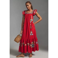Farm Rio Embroidered Square-Neck Red Dress size XS