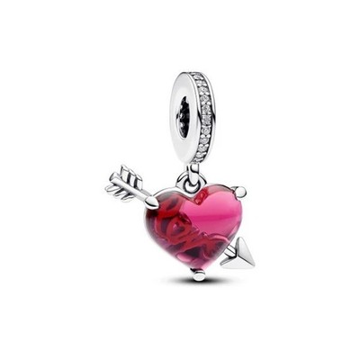 Pandora #793085C01 Red Heart & Arrow Murano Glass Dangle Charm w/CZ