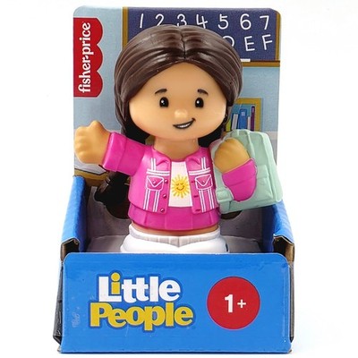 Fisher-Price Little People  JFC24 Girl with Brown Hair Pink Dress Green Backpack