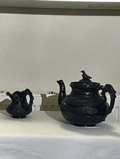 RARE Antique Victorian Jackfield Ware Teapot & Creamer Set - Intact Bird Finials