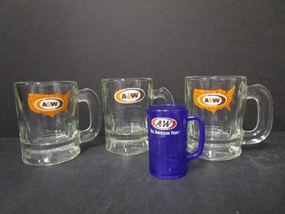 Vintage 1970 s A & W Root Beer Baby Mugs, Clear Glass Set of 3, 1 plastic