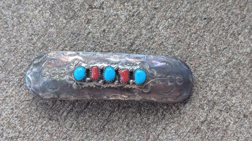 Sterling Silver Richard Yazza Navajo Coral Turquoise Hair Barrette R&Y 3 1/4"