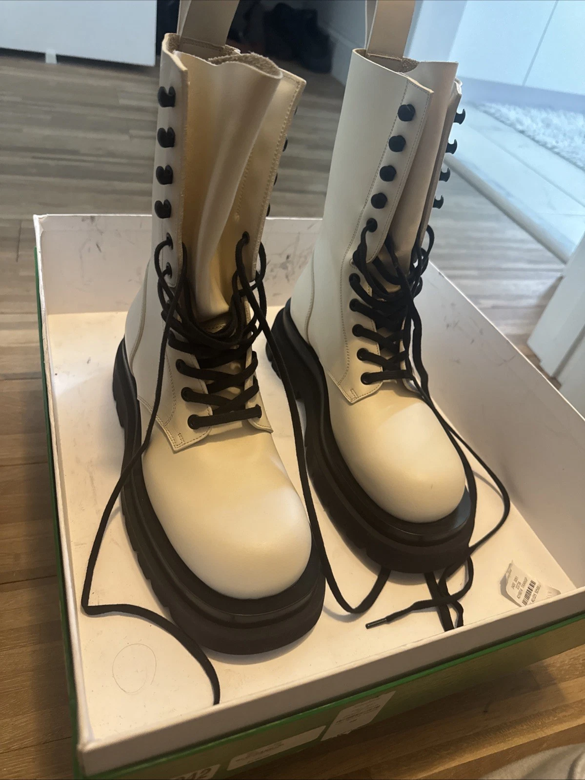 Bottega Veneta — Bottega Veneta Lug Lace Up Boots. New. Size 9 Cream And Black.  $1700