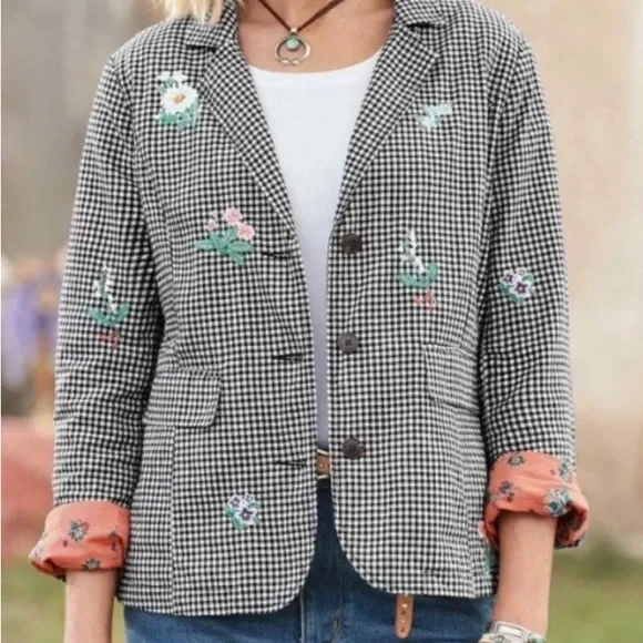 Chaqueta Blazer Sundance Tansy Gingham Floral Talla Pequeña Azul Lino Bordado Foto 3 de 4