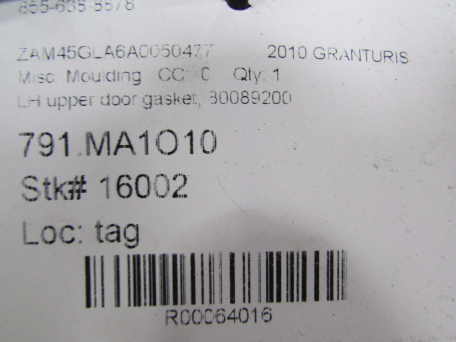Maserati Granturismo, LH, Left Upper Door Gasket, Used, P/N 80089200