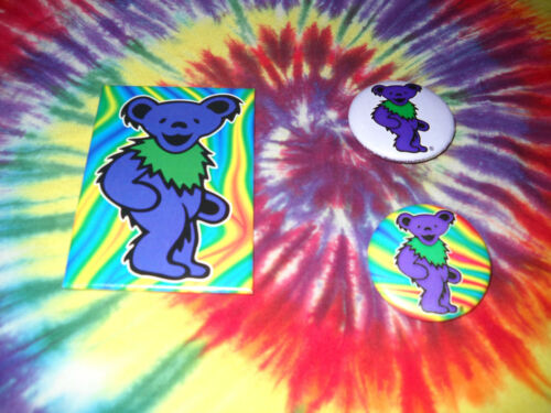 GRATEFUL DEAD TOUR JERRY GARCIA RAINBOW TIE DYE DANCING BEAR MAGNET+HAT PINS-NR - Photo 1/2