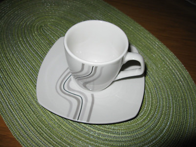 3x Kaffeetasse und Unterteller - Casa Nova, weiß graue Linien i. d. Mitte