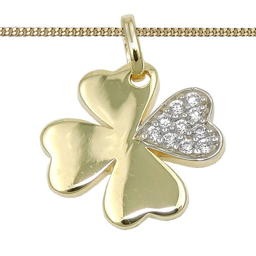 Echt Gold 375 Frauen MäDchen GlüCks Herz Klee Blatt AnhäNger Kette Silber 925 Vg-image