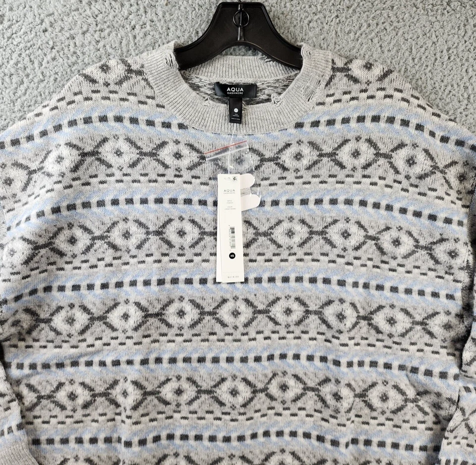 AQUA Cashmere Distressed Geometric Knit Sweater Women's XS Light Grey Combo L/S~ - Image 4 of 4