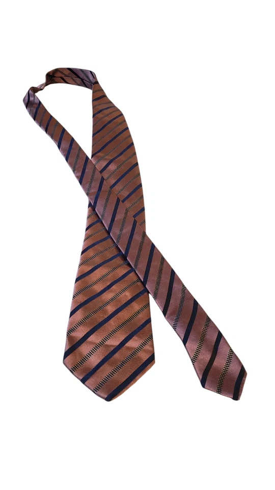 Gravata Brioni masculina designer de luxo rosa azul marinho listrada seda italiana - Imagem 3 de 4