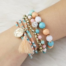 Fashion 6Pcs/Set Boho Tassel Crystal Multilayer Women Bangle Beaded Bracelet New
