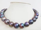 Huge18"12-15mm South sea genuine black peacock redish near round pearl necklace