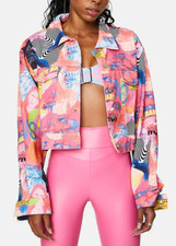 Elsie & Fred Hot Pink Psychedelic "empower Print Cropped Denim Jacket" Size Xs