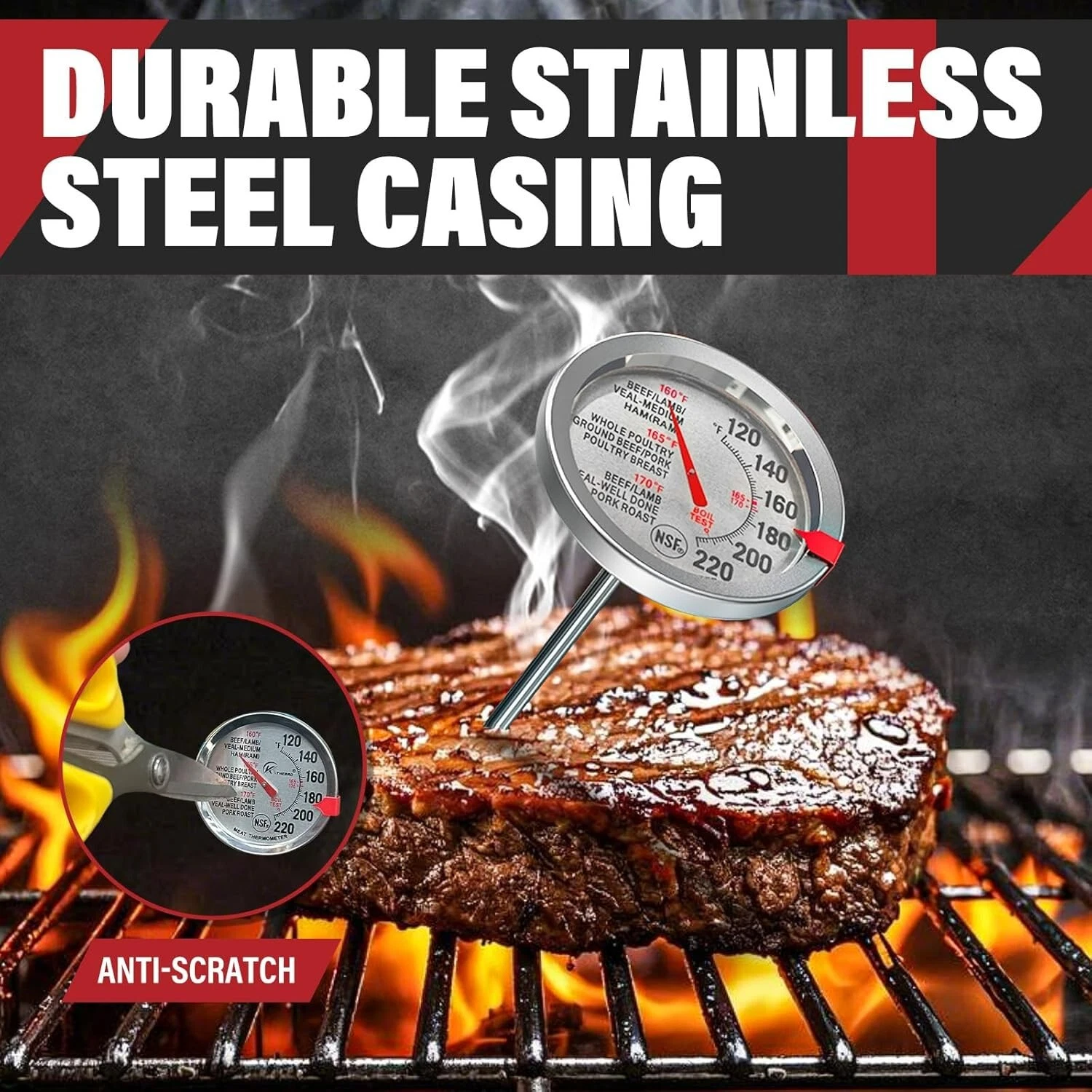 2 Pack Stainless Steel Meat Thermometer, Safe Leave in Oven, 2.5-in Extra-Large