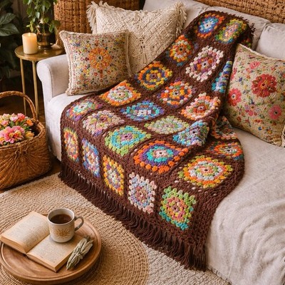 Vintage Crochet Granny Square Throw 47x67 Brown Colorful Fringe Boho