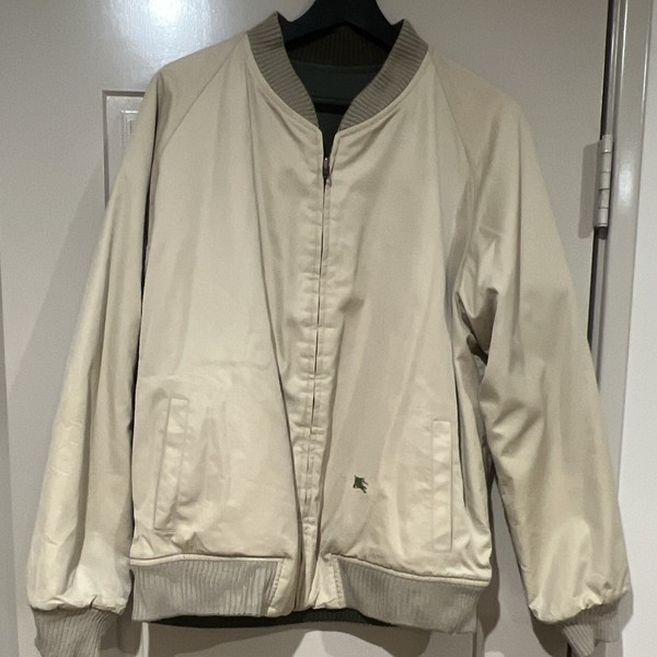 Burberrys men’s Reversible Bomber Jacket Beige/Green L Zip Pockets Satin