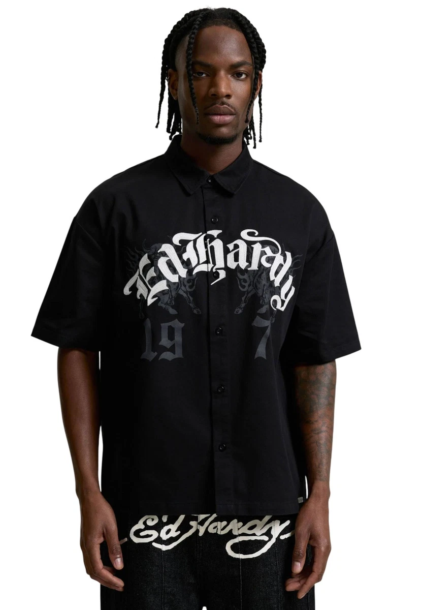 Chemise Homme Ed Hardy Manches Longues - Rose Rayé, Crânes, Taille M