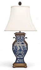 Blue, White Porcelain Chinoiserie Mantel Vase Lamp. Bronze Accents. Hand Painted