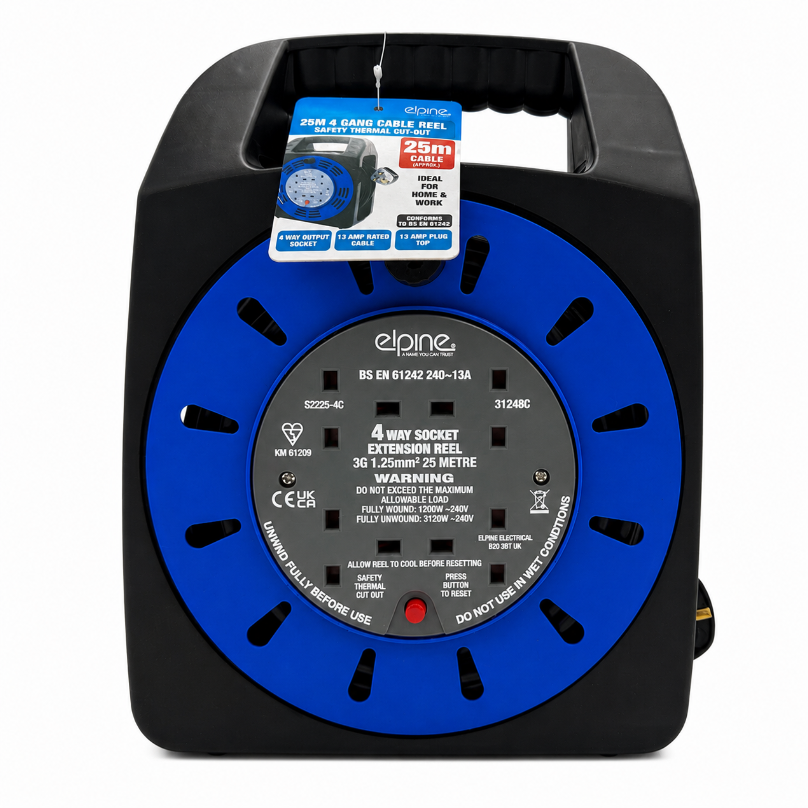Elpine 25M Cable Reel 4 Way Extension Lead 13A UK Plug Thermal Cut Out - 31248C