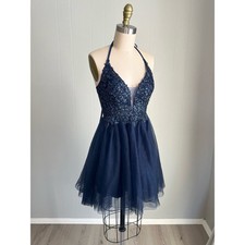 Blondie Nites Stacy Sklar Blue Beaded Fit and Flare Dress 3 Embellished Sheer