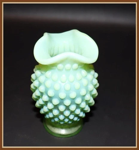 FENTON ART GLASS " LIME GREEN OPALESCENT HOBNAIL " TRIANGLE TOP VASE - GLOWS
