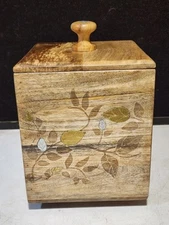 RARE- GG Gracious Goods Inlaid Wood and 2 Tone Metal CANNISTER BOX WITH LID