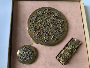 Vtg Cafe Society Powder Compact Lipstick Blush Gold Filigree W Box 5th Ave NY