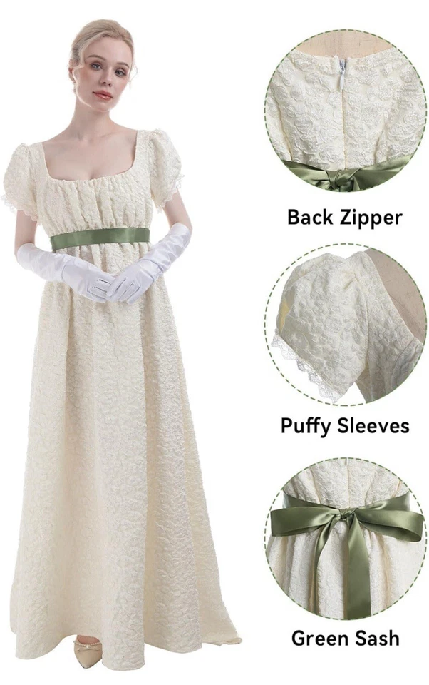 CR ROLECOS Vestido Regencia Cintura Imperio Victoriano Vestido de Fiesta del Té Beige L Foto 4 de 4