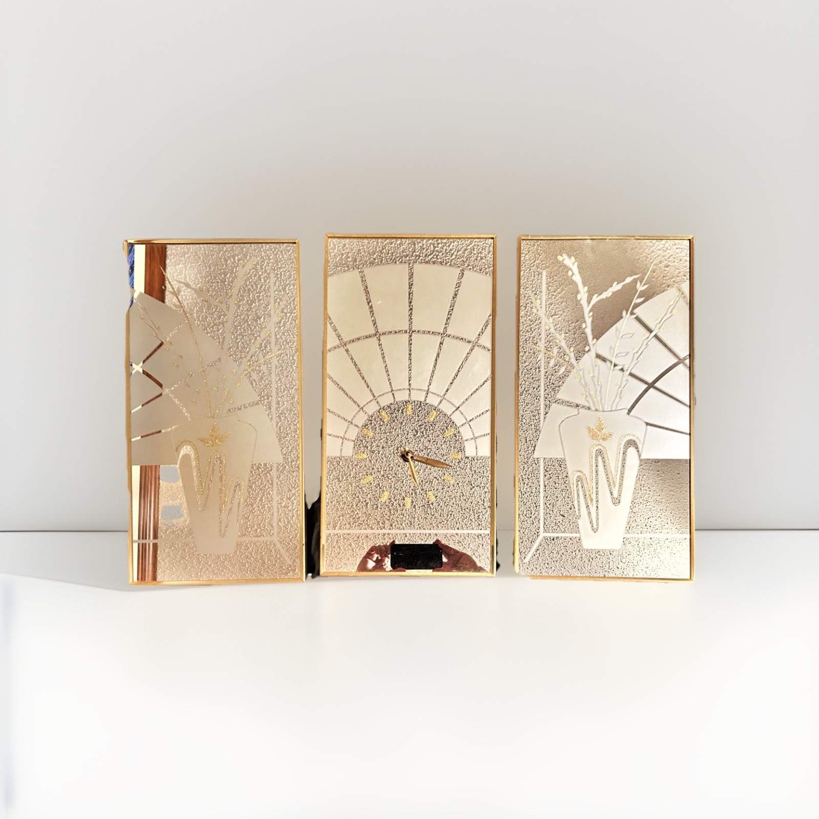 Vintage MCM Set 3 Etched Mirrors & Clock by Mechanical Mirror Works Brass Accent