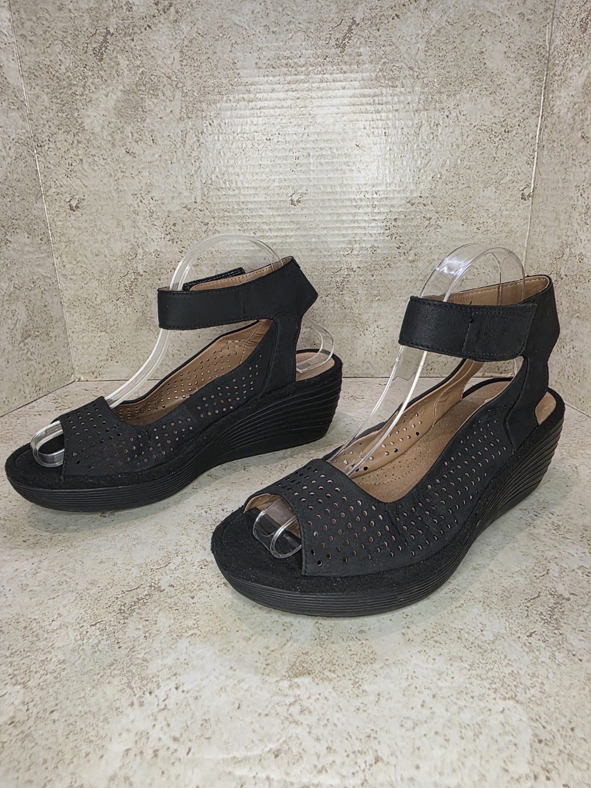 Clarks Reedly Salene Black Nubuck 3 Inch Wedge Slide Sandal Size 8.5M Comfort Business Wear