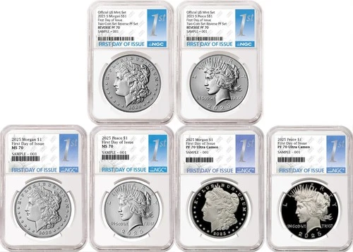 6 Coin Set 2025 Morgan and Peace Silver Dollars NGC MS PF RP 70 FDOI 1st presale