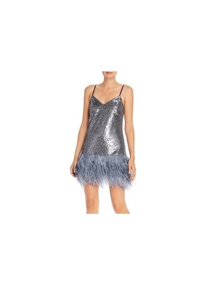 CINQ A SEPT Womens Gray Feather Spaghetti Strap V Neck Mini Party Shift Dress 0