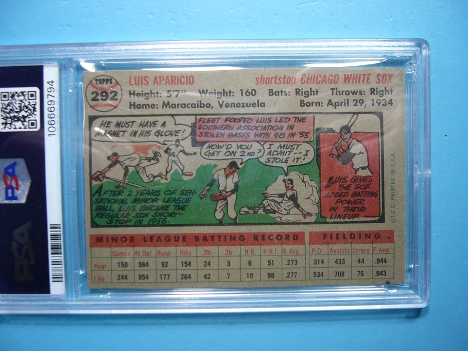 Tarjeta de béisbol 1956 Topps #292 Luis Aparicio Rookie RC PSA A TR ¡¡Nílida y bonita!! GL Foto 4 de 4