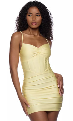 Alex & Sophia Mini Dress XL Corset Bodycon Yellow Sweetheart-Neck  Ruched APR222