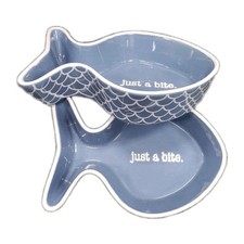 Whisker City Cat Kitten Dish Food Bowl Fish Shape Blue Ceramic "Just a Bite"