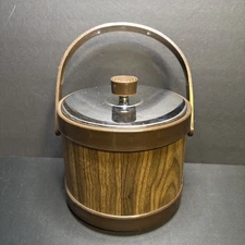 Vintage MCM Ice Bucket Faux Wood Chrome Mid Century Modern Atapco Retro Barware