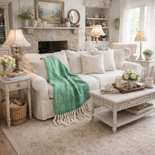 Large 85x50 Chunky Knit Throw Blanket  Lush Green  Cream White Fringe. GRN-6