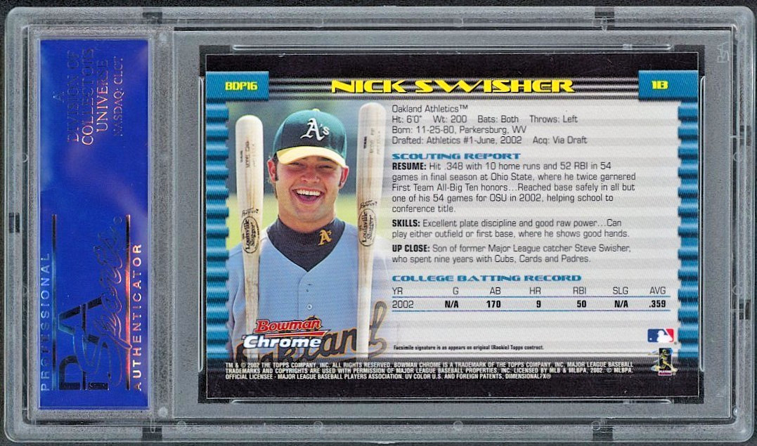 2002  Bowman Chrome - Nick Swisher (RC) Rookie Draft Picks #BDP16 PSA 10 view 6