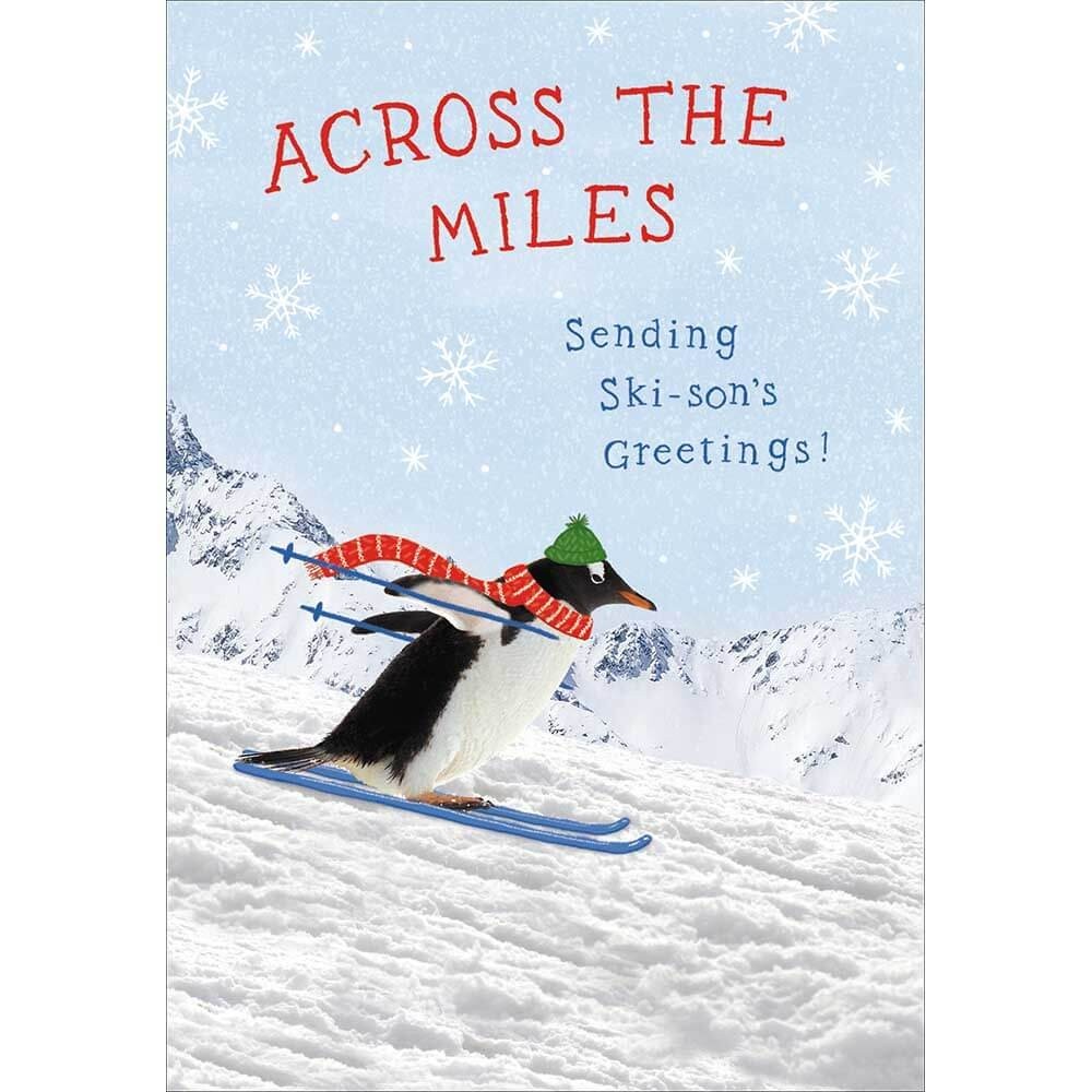 Penguin Christmas Card Across the Miles Ski - Cute Festive Xmas Card