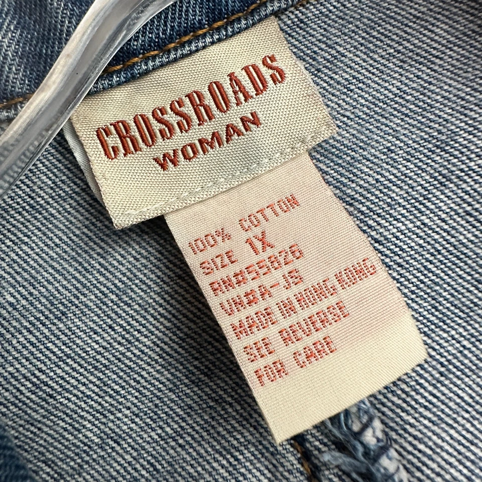 Crossroads 女式 Y2K 牛仔夹克 1X 实用口袋超大复古 — 第 3/4 张图片