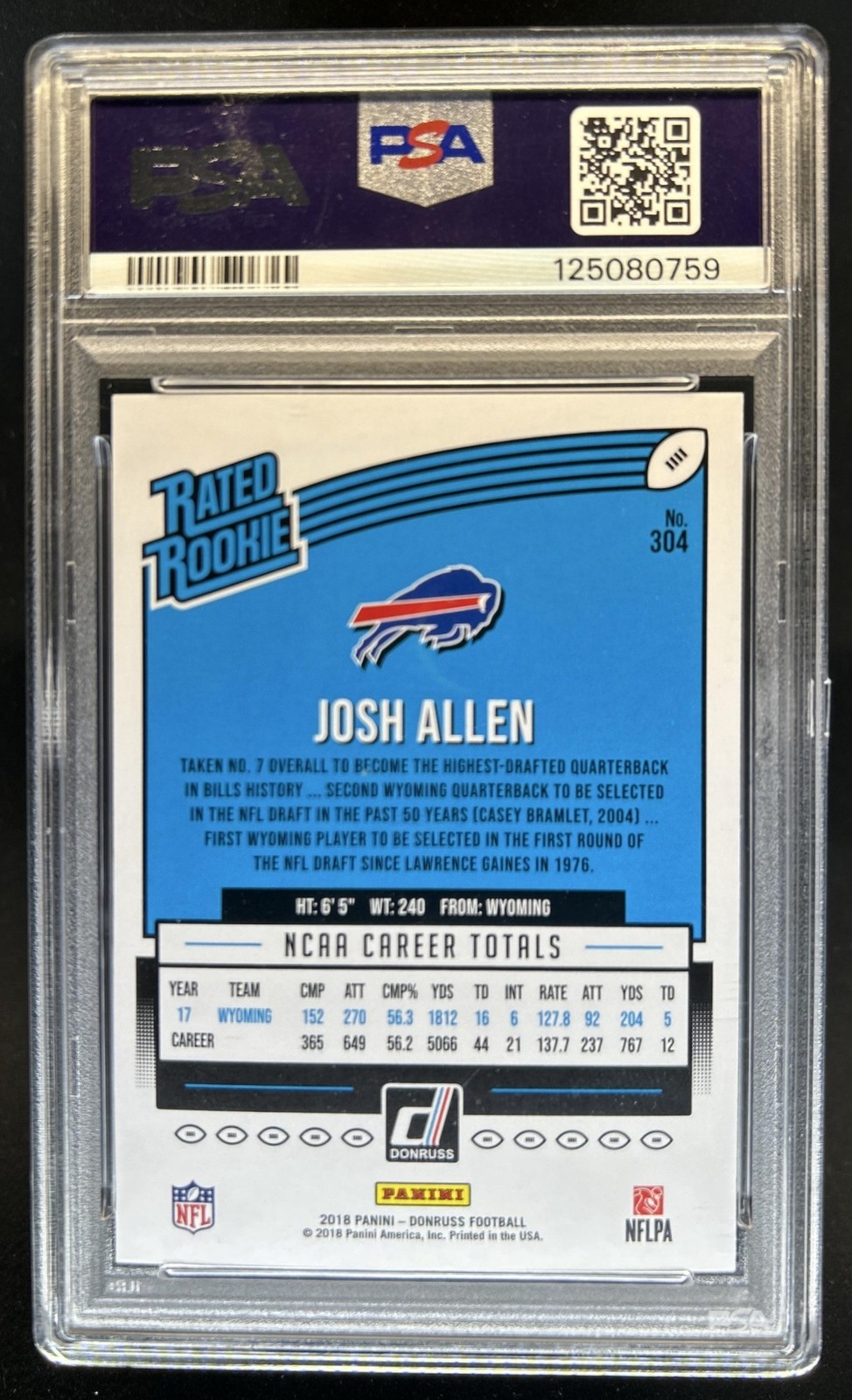 2018 Panini Donruss Josh Allen Rookie RC #304 Bills PSA 10 GEM MINT view 2